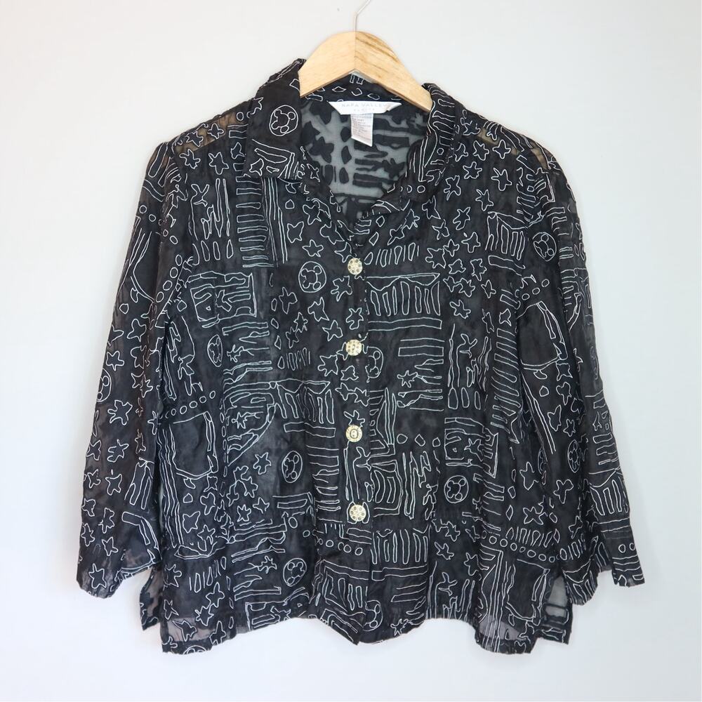 Napa Valley Vintage Sheer Abstract Print Button Down Blouse PL 90s Y2K Indie